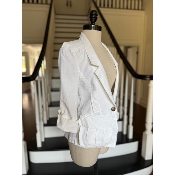 Anthro White Linen Jacket Asymmetry Ruffle Pleated ShabbyChic Boho Coastal Artsy - Picture 4 of 12
